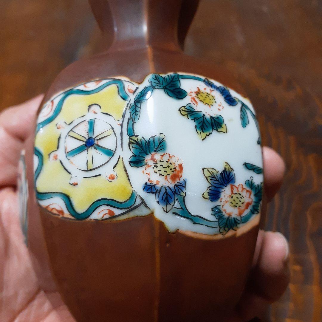 古九谷鉄釉色絵四君子徳利