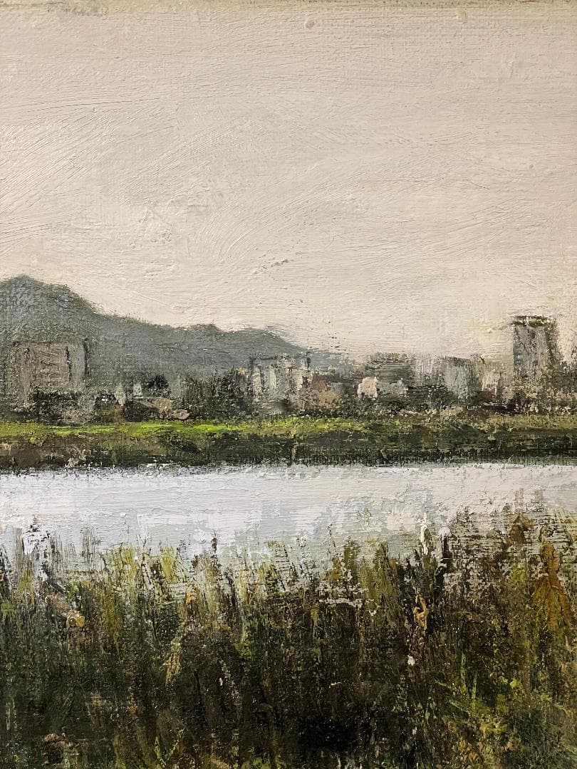 「真作」真殿靖「水郷(安土八幡)」風景画　油彩画　額装　サイン有り　P20号