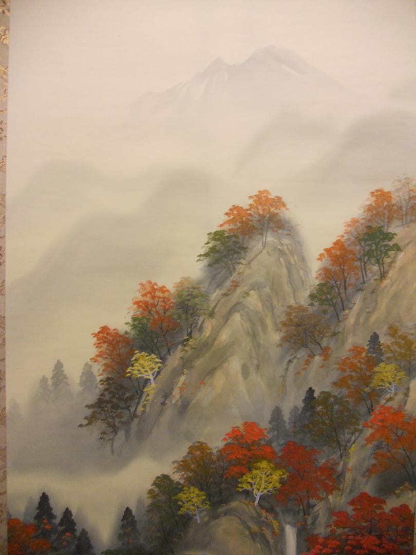 掛け軸 秀水 彩色秋景図 絹本 希少 軸装 茶道具 掛軸 美品 です。