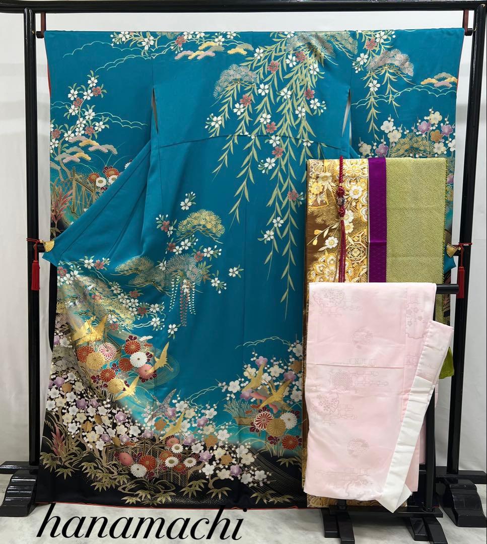 振り袖　フルセット　長襦袢付　金彩加工　刺繍入り　成人式　襟裏、右肩難あり631