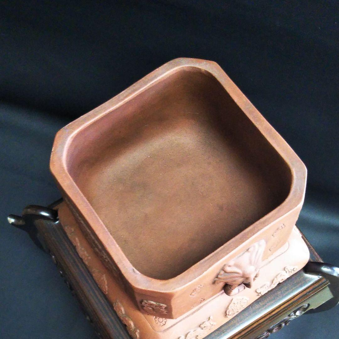 ※中国古美術/朱泥紫砂獣雙耳鐶龍紋四方罐(款:景南)