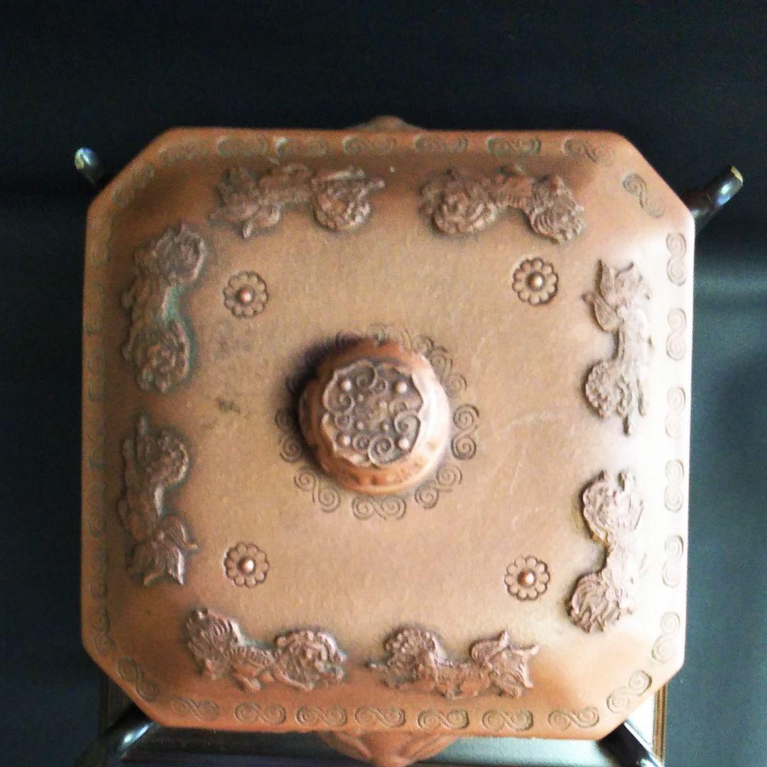 ※中国古美術/朱泥紫砂獣雙耳鐶龍紋四方罐(款:景南)