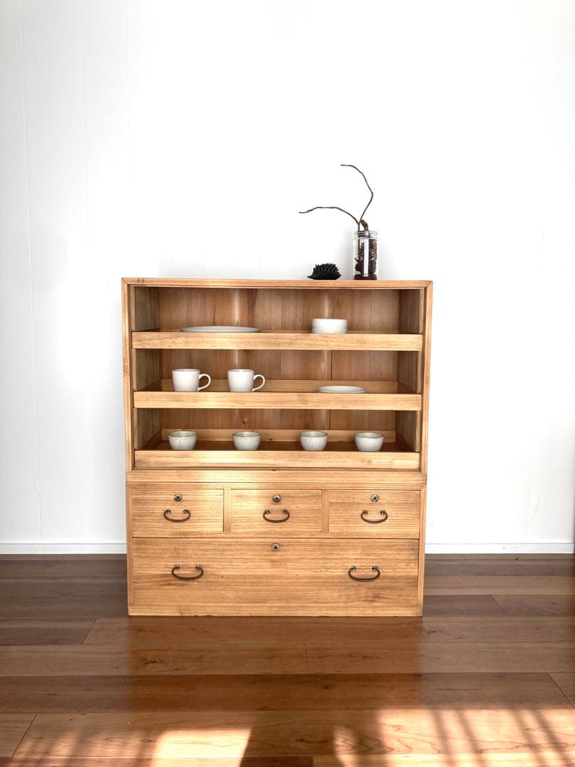 【メンテ済】アンティークの二段収納棚　上下分割可　総桐　食器棚　剥離無塗装