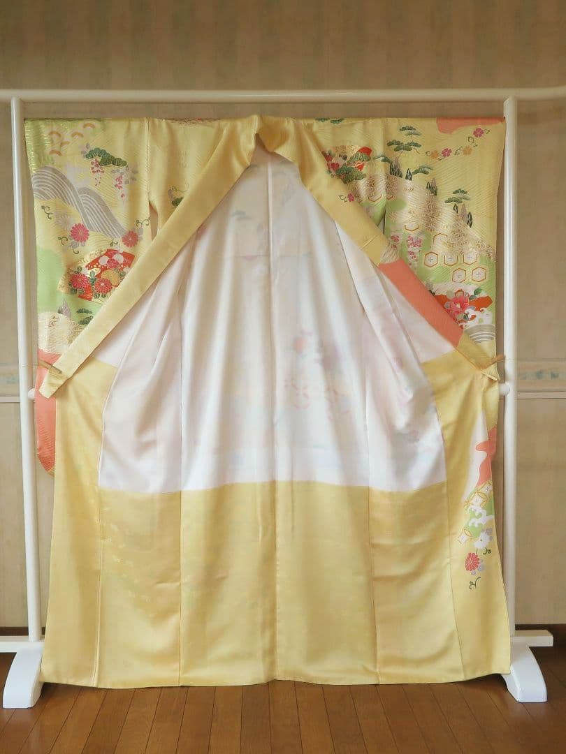 5200 振袖フルセット　正絹黄イエロー　成人式結婚式卒業式 古典御所車