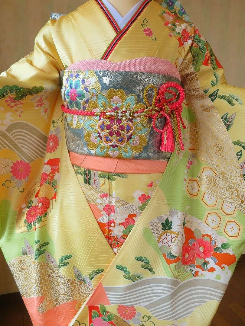 5200 振袖フルセット　正絹黄イエロー　成人式結婚式卒業式 古典御所車