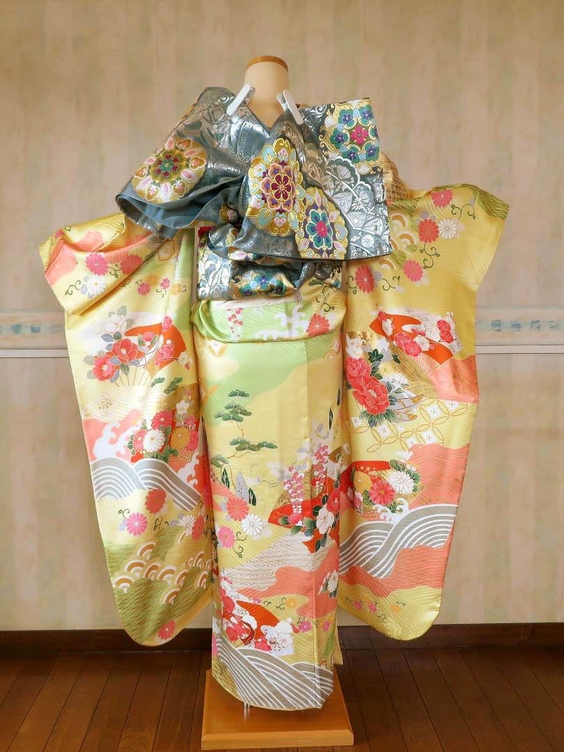 5200 振袖フルセット　正絹黄イエロー　成人式結婚式卒業式 古典御所車