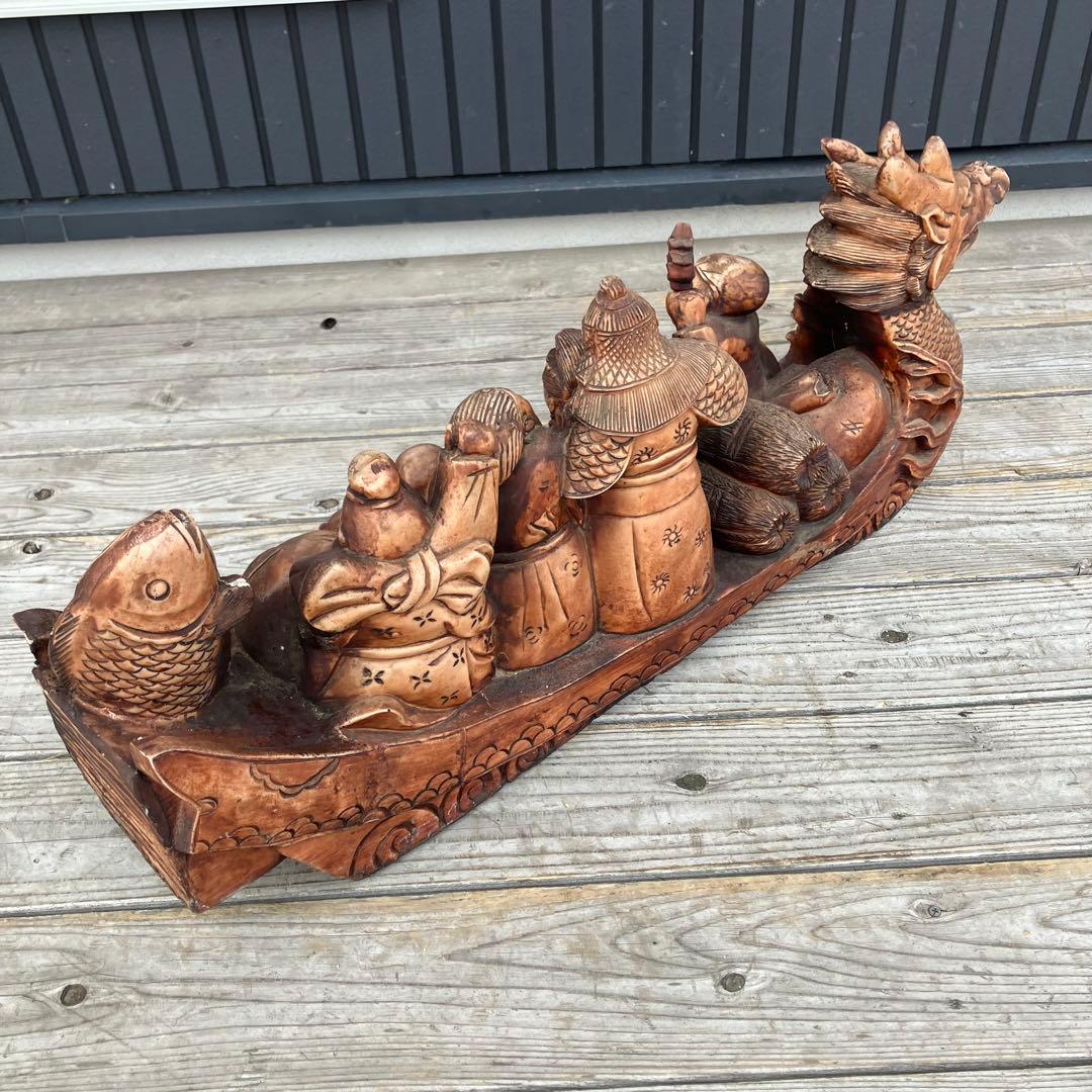 昭和レトロ 精密彫刻 大型 七福神 龍の船 宝船 縁起物 開運 置物 オブジェ