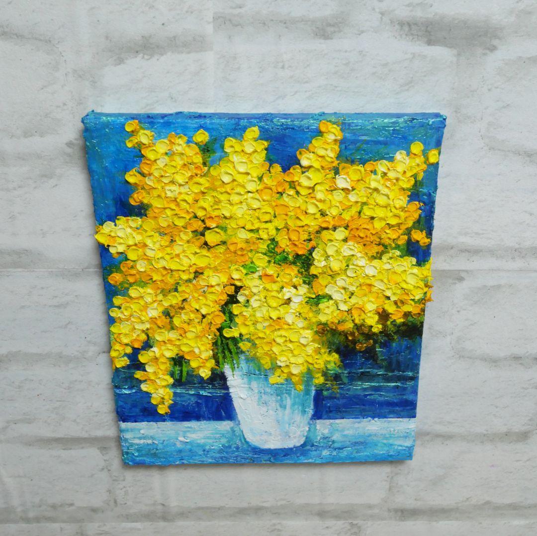 油絵 油彩 油彩画 絵 絵画 【青い背景のミモザ】