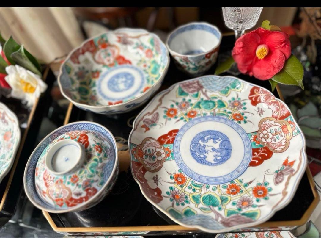 大雪特別価格‼️伊万里上手錦手Dragon❌あじさい　桐に蝶　蜂と菊　7寸皿2客