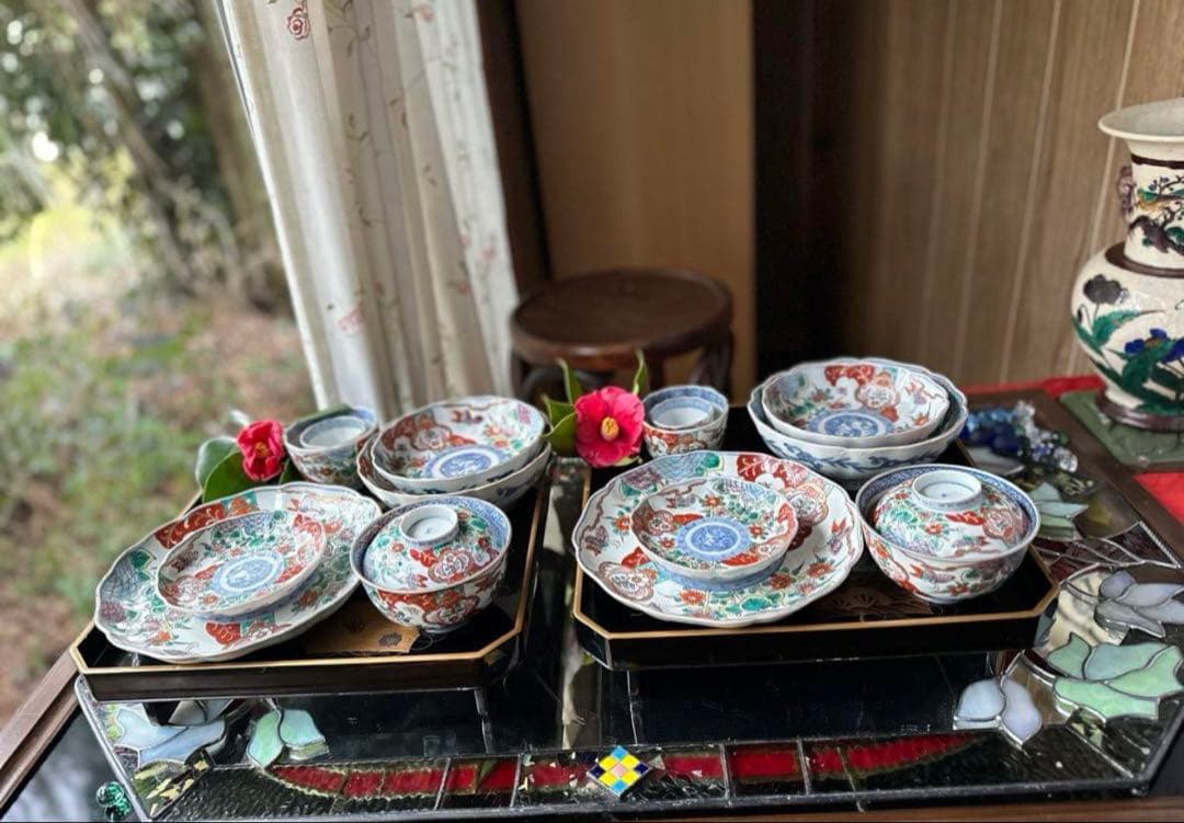 大雪特別価格‼️伊万里上手錦手Dragon❌あじさい　桐に蝶　蜂と菊　7寸皿2客