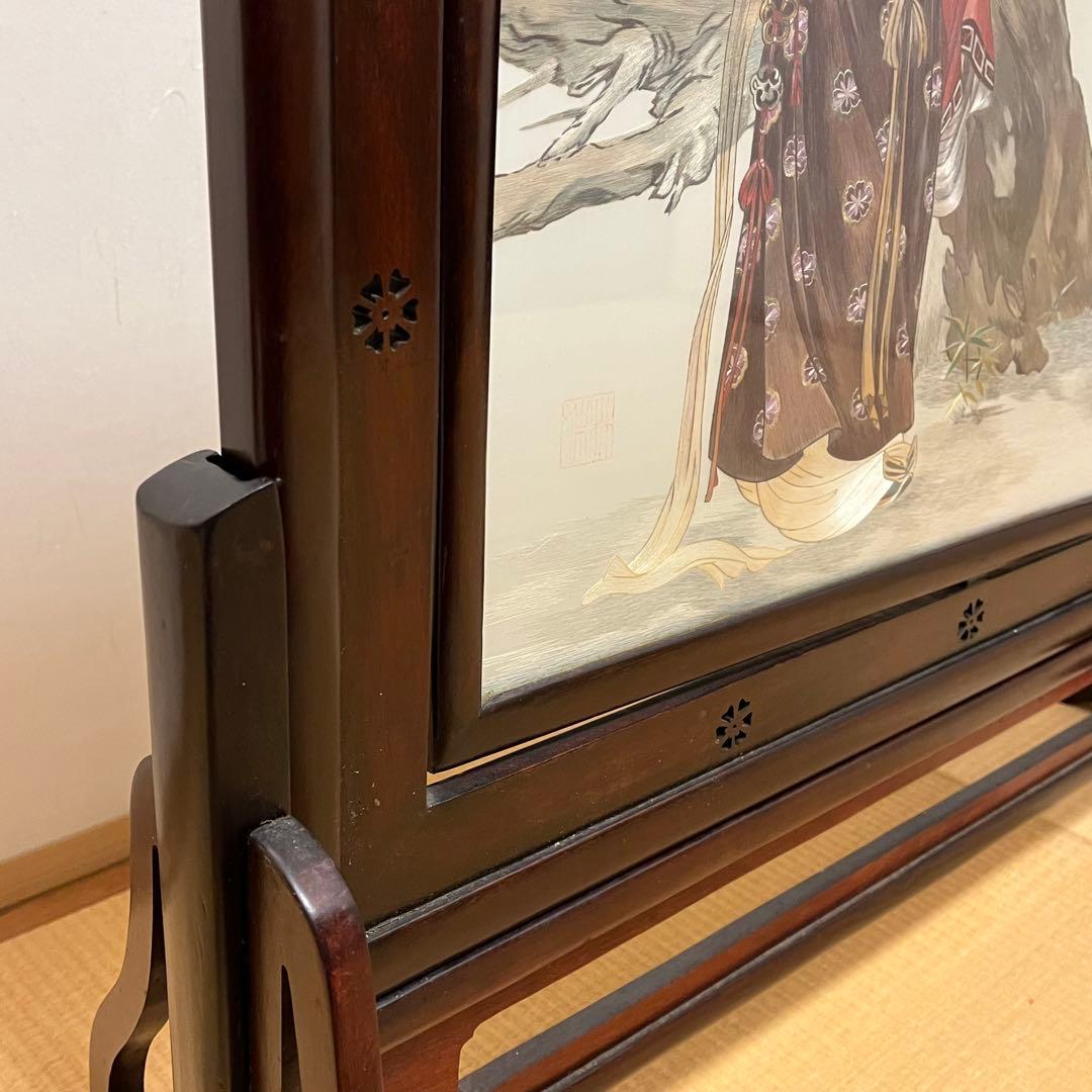 中国 手刺繍 仕女図 回転式 両面屏風 木製枠 ガラス入 大型 高級中国工芸品