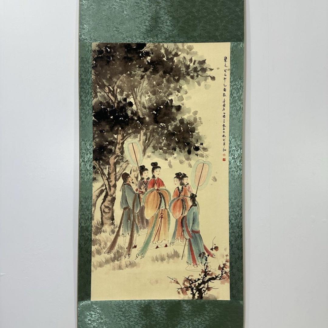 傅抱石《官苑遊怡図》　三尺中堂　掛軸　中国名人書画　人物画　防伪标识付