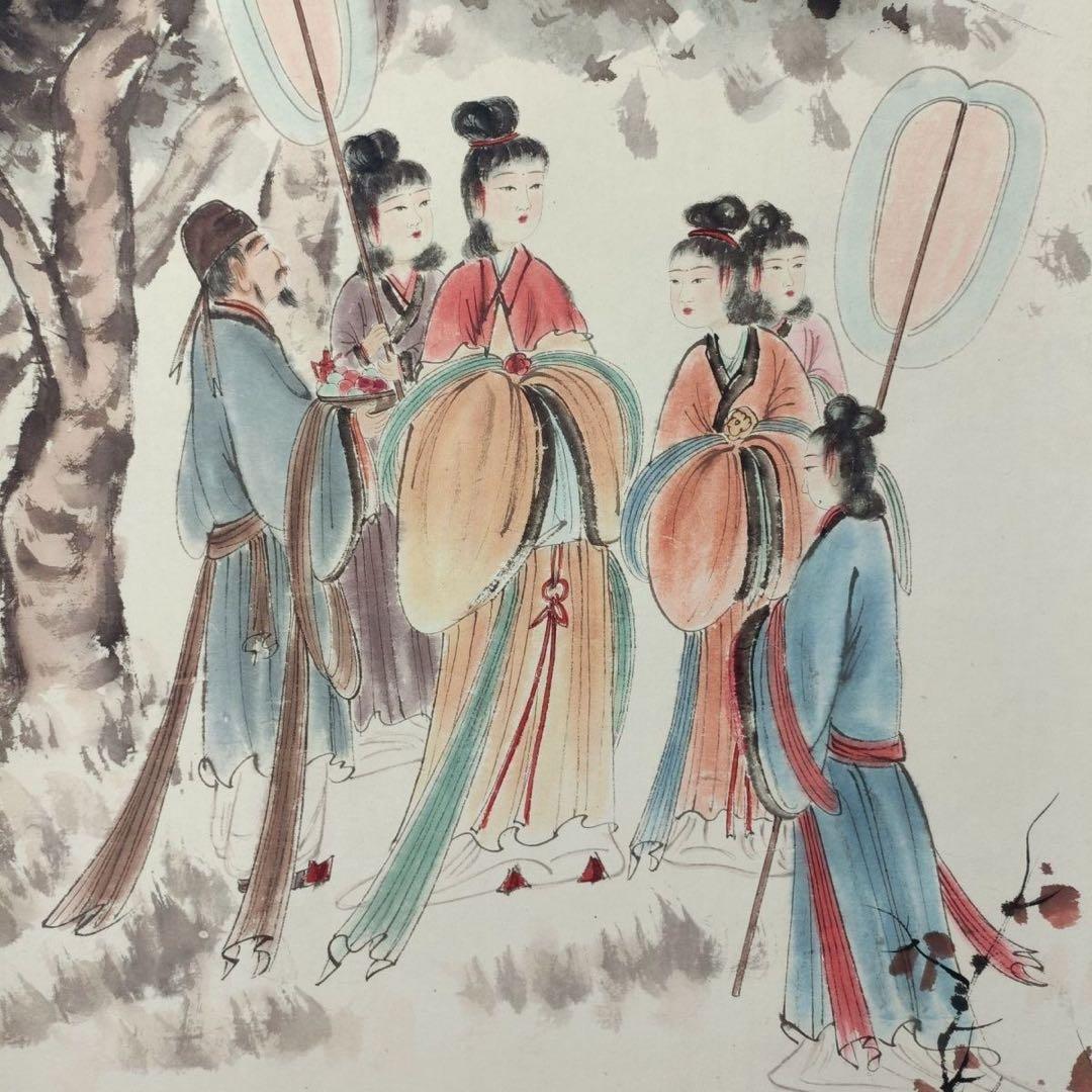 傅抱石《官苑遊怡図》　三尺中堂　掛軸　中国名人書画　人物画　防伪标识付