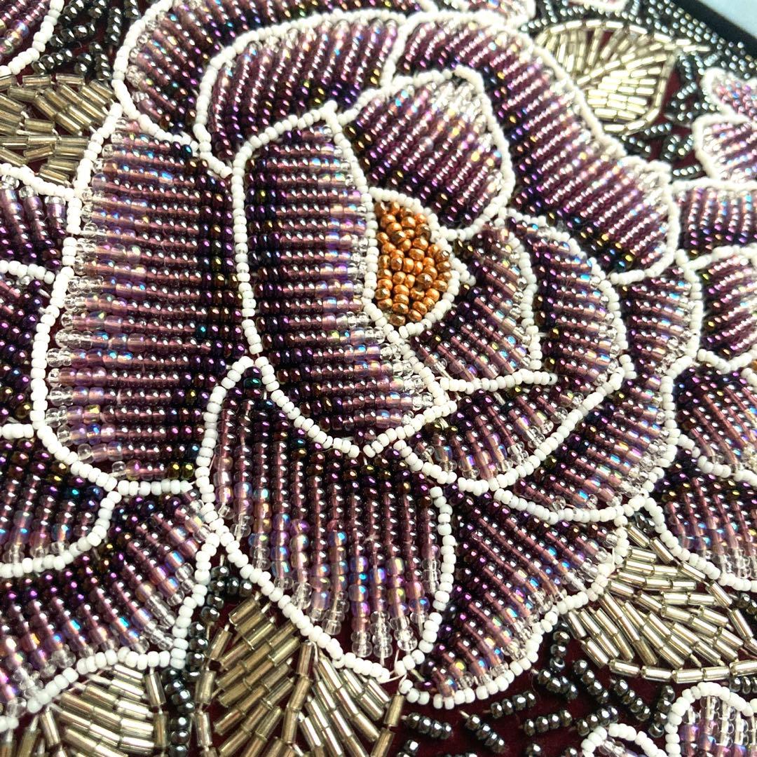 着物　ビーズバッグ　紫・花柄・椿カメリア・お稽古、観劇