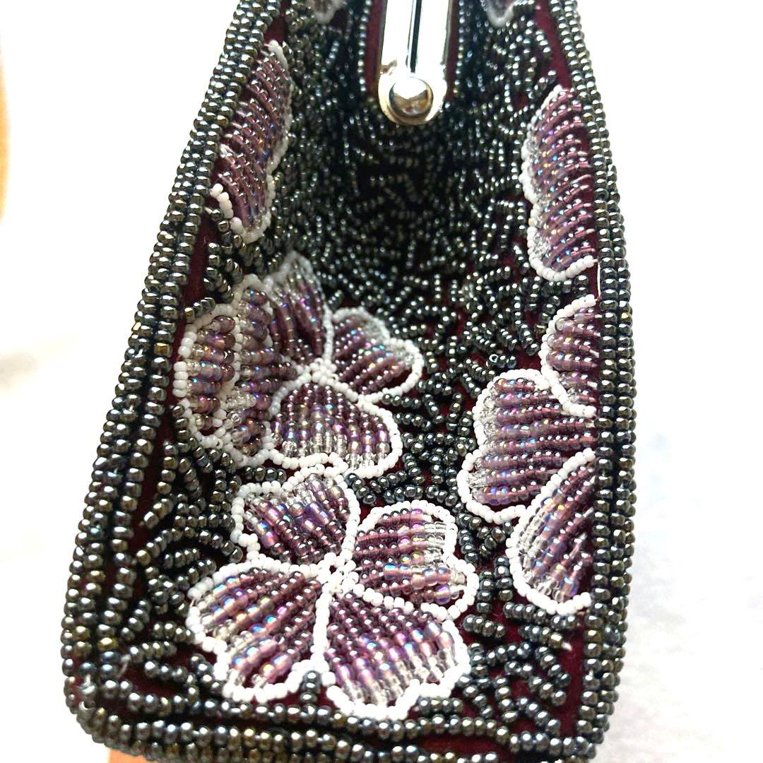 着物　ビーズバッグ　紫・花柄・椿カメリア・お稽古、観劇