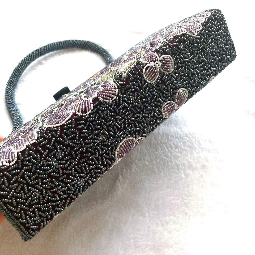 着物　ビーズバッグ　紫・花柄・椿カメリア・お稽古、観劇