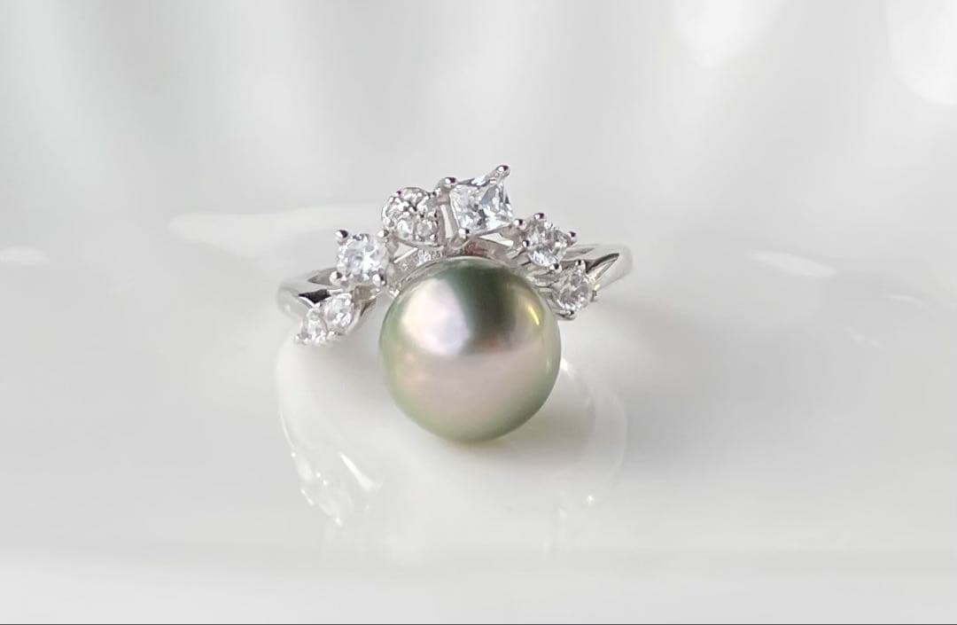 黒蝶真珠 タヒチ 南洋パール 月冠 リング 指輪 s925 ラウンド