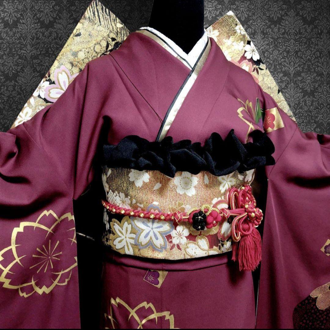 新品未使用！振袖フルセット(7点)・成人式・古典柄・金彩加工・色紙花鞠文・正絹