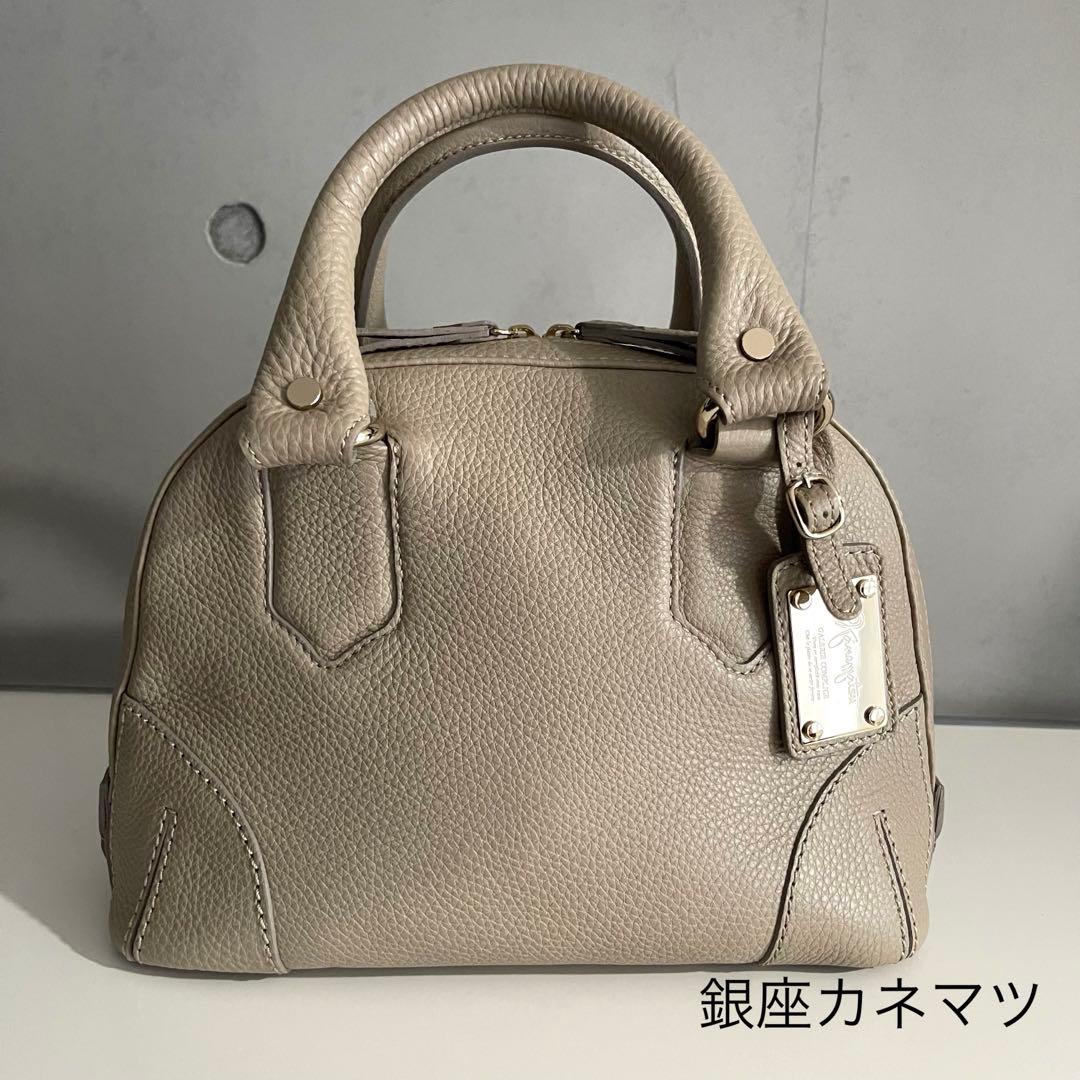 極美品✨銀座カネマツ　ハンドバッグ　シボ革　グレージュ　ラウンドジップ