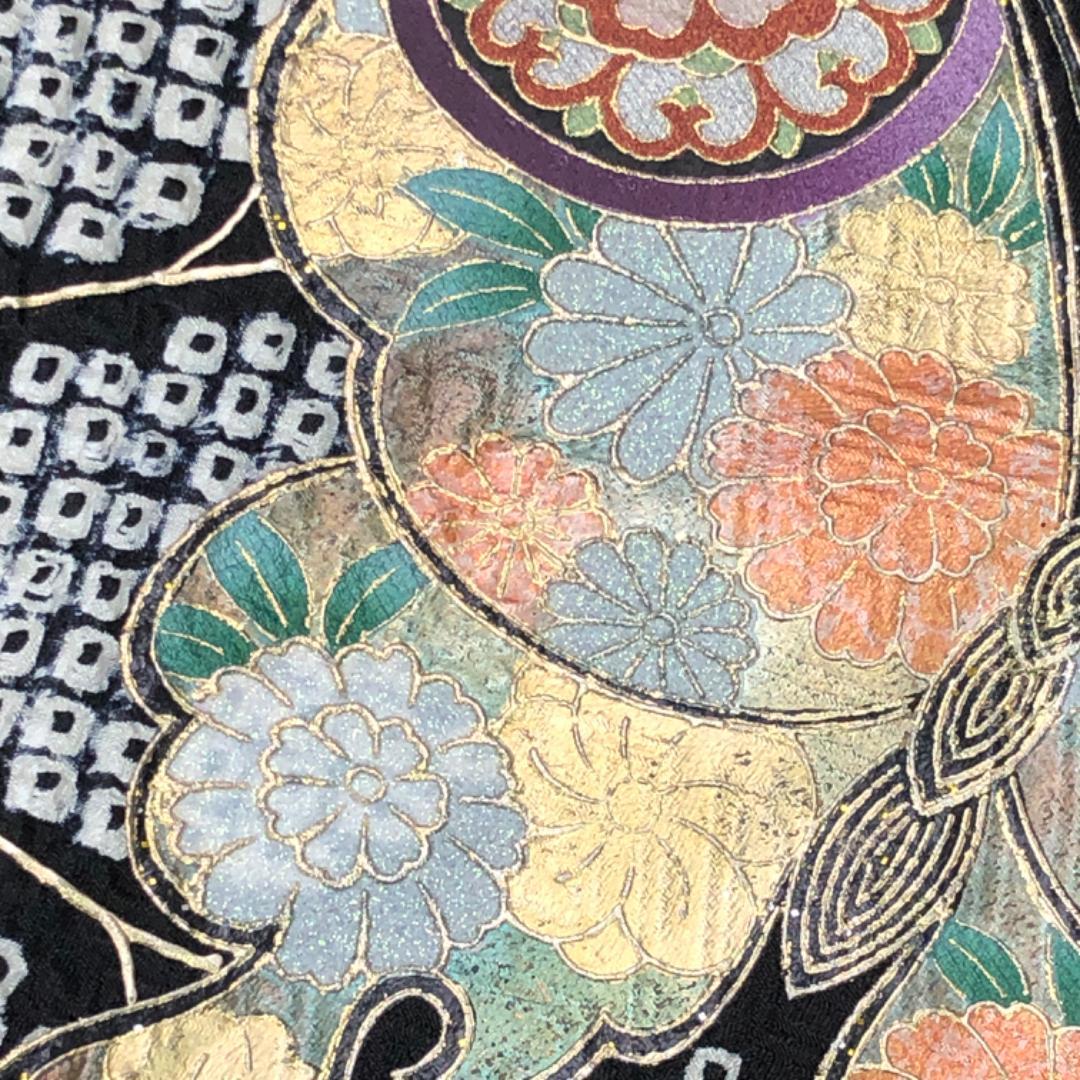 ☆ 振袖 総絞り 波模様に蝶々 花模様 菊 黒色 トールサイズ K-5454
