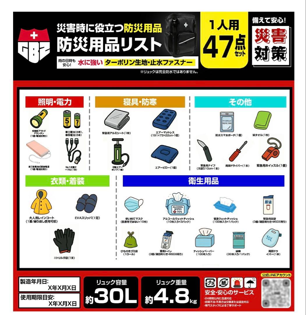 【消防士監修】30L リュック型防災セット 47点　防災グッズ　地震　台風　火災