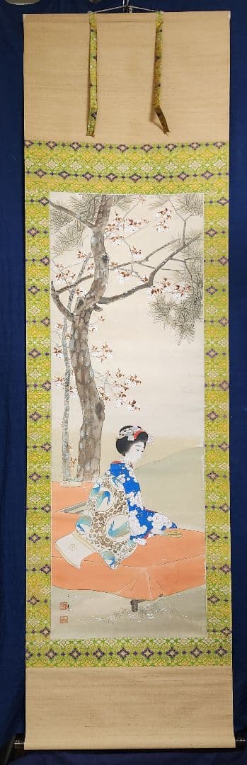 【桜下舞妓花見図】大江良起 736 掛け軸 肉筆