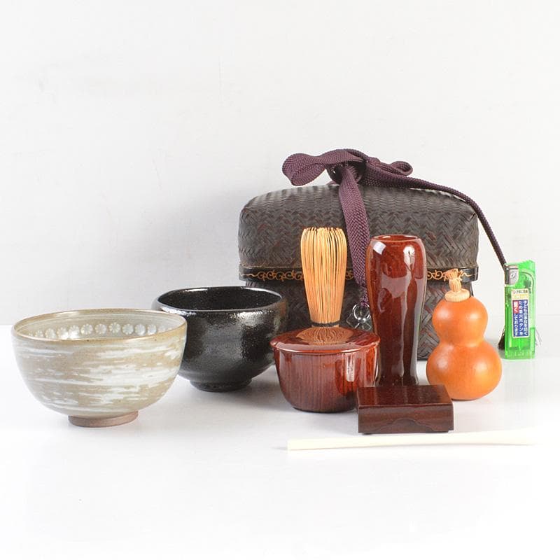 平安　東山麓　東竹園斎作　茶籠　黒楽茶碗　瓢箪振出など　八点一式　DR7039F