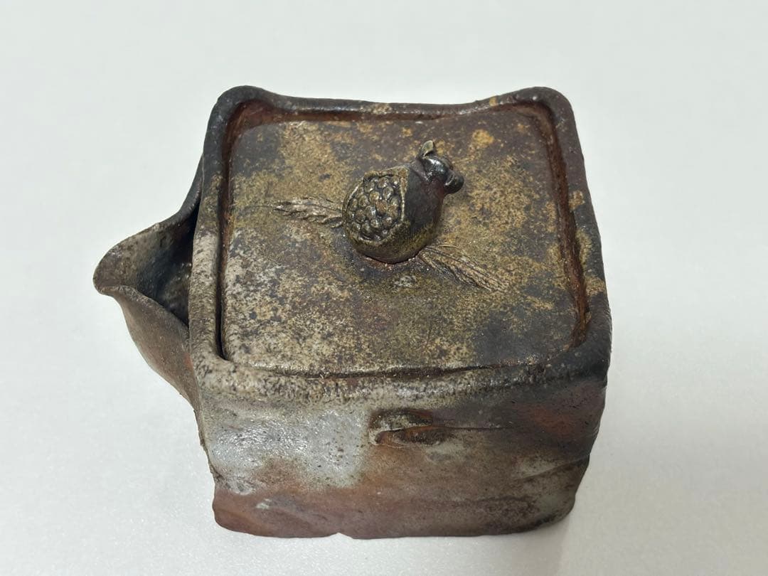 ⑭備前焼 宝瓶 登り窯 柘榴 ザクロ 4角 手びねり 急須
