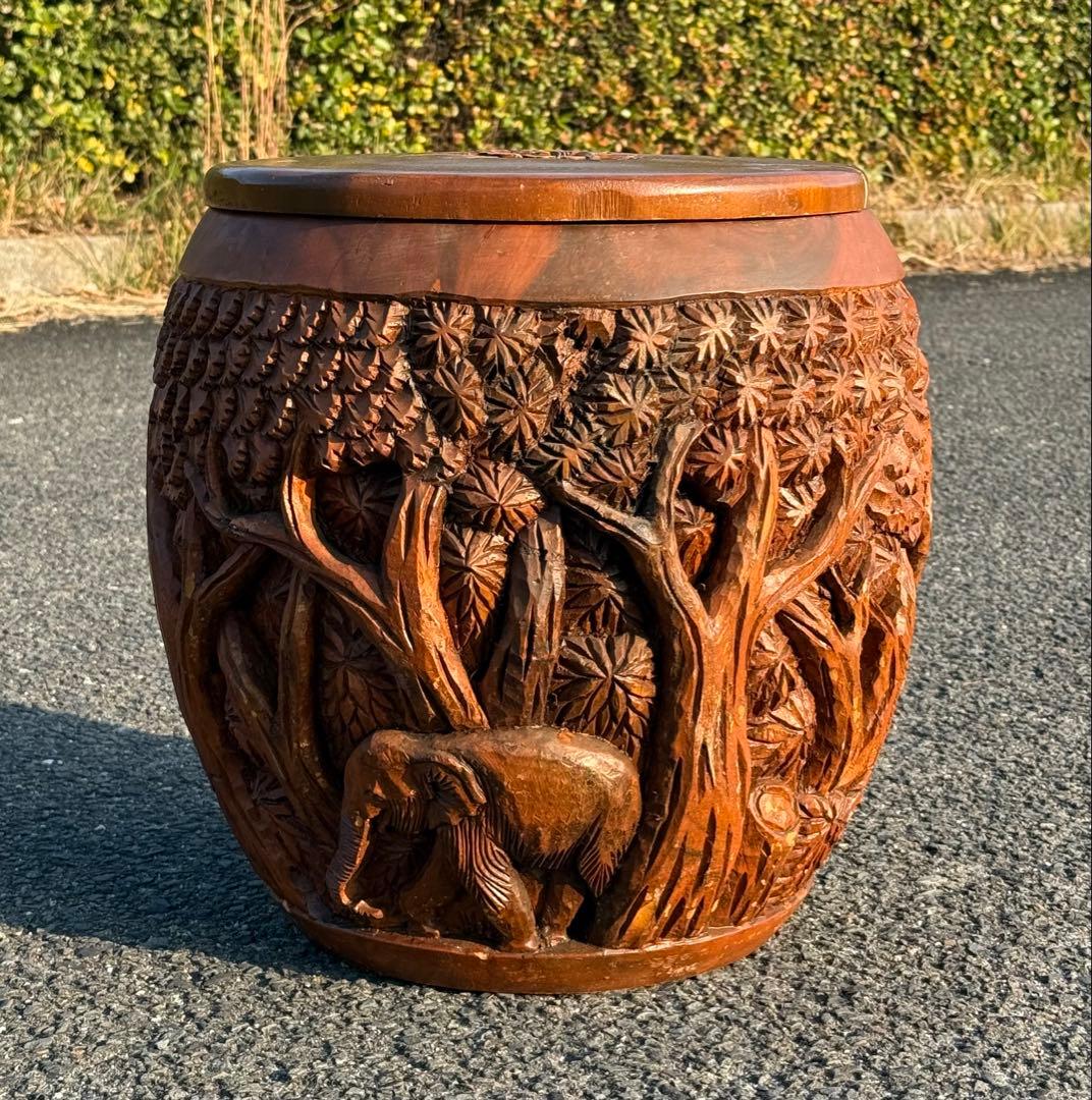 1点モノ♪一本彫 重量感♪ アンティーク スツール 収納樽 タイ ゾウ アジアン