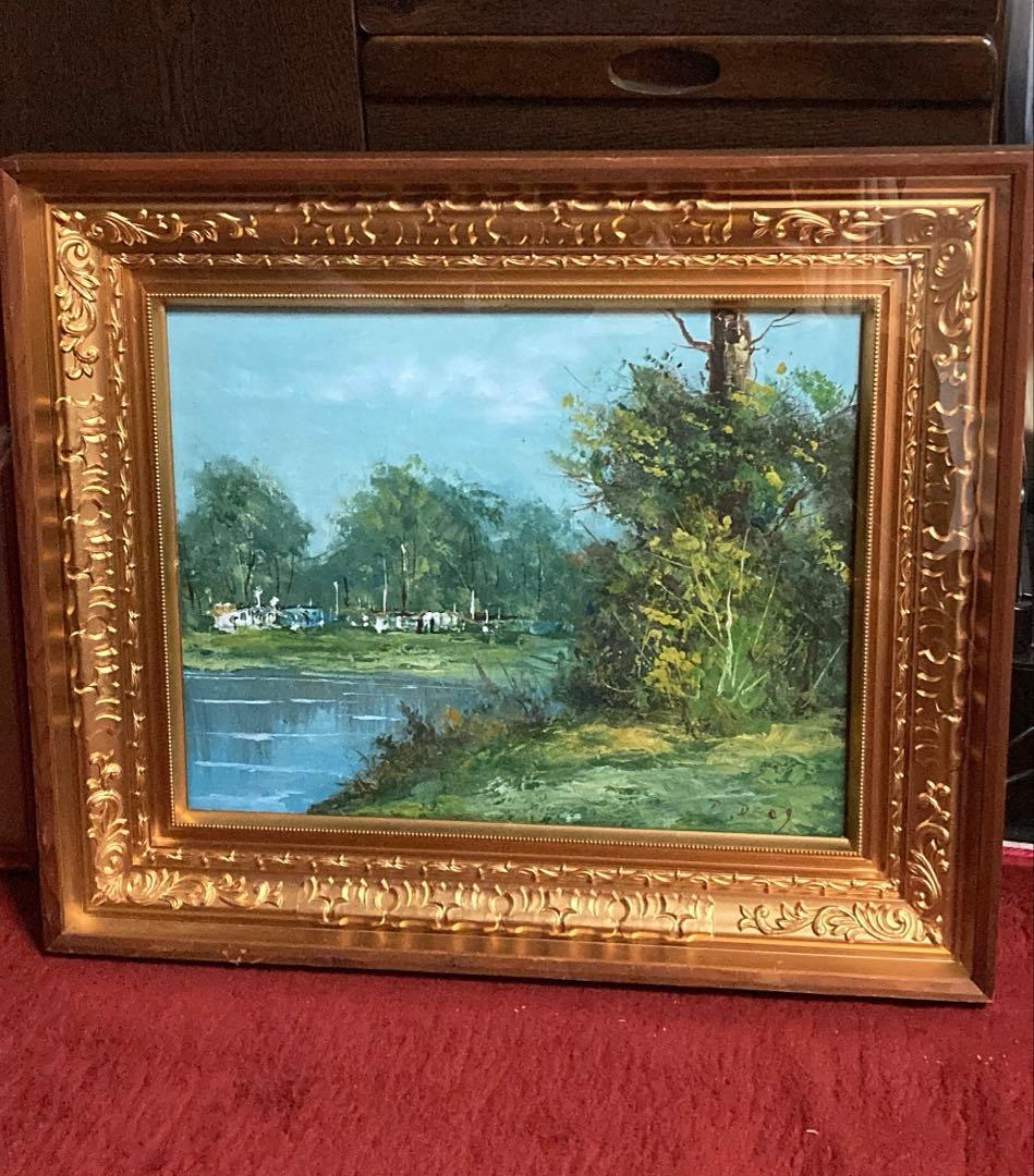 ★送料込★ 【肉筆油絵】✰︎ 豪華額装 ✰︎ F8号相当「水辺の風景」サイン有