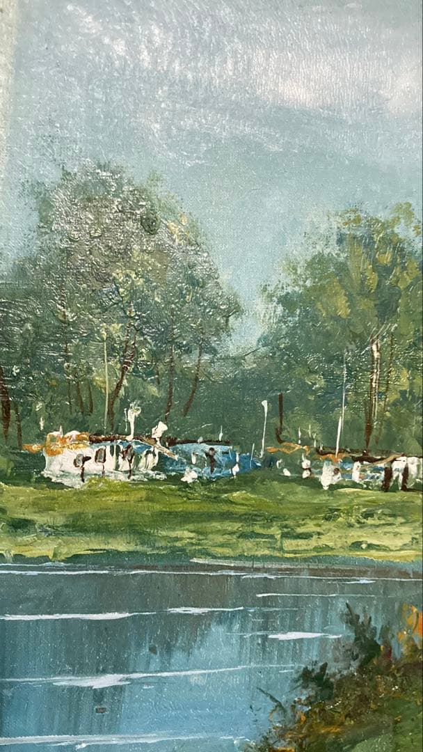 ★送料込★ 【肉筆油絵】✰︎ 豪華額装 ✰︎ F8号相当「水辺の風景」サイン有