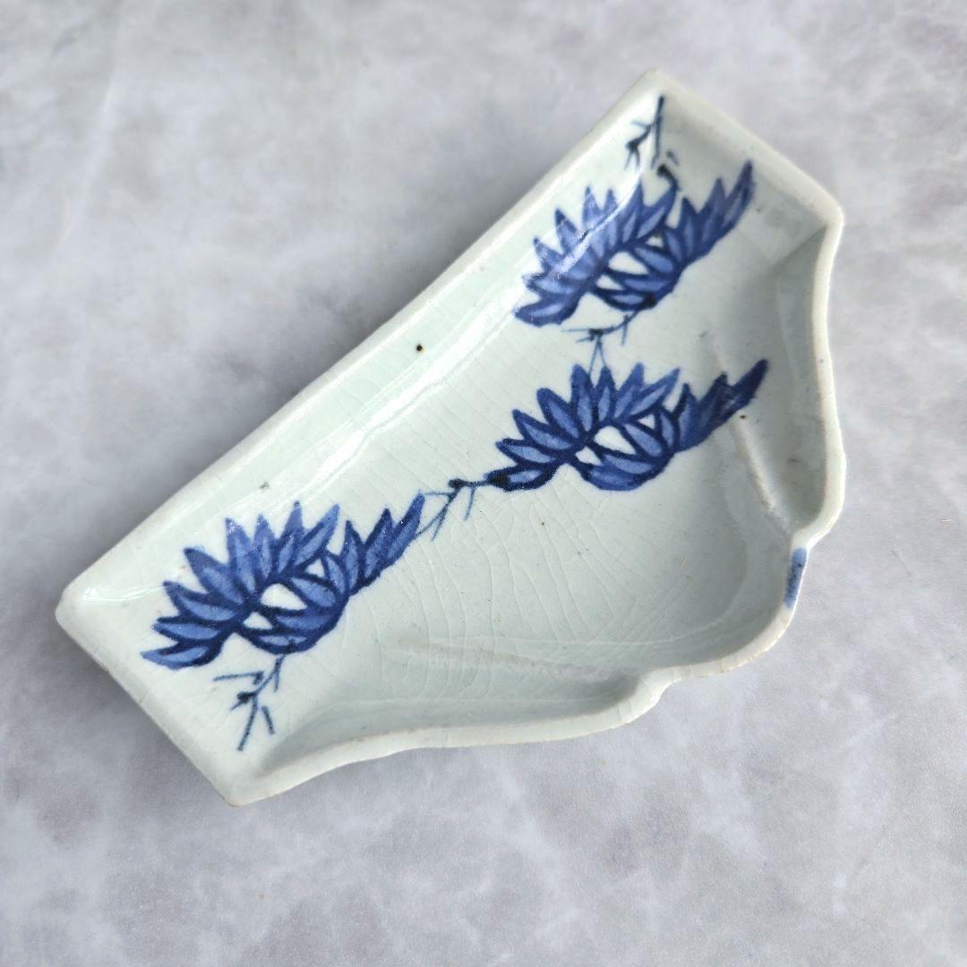 古伊万里　染付　富士山　変形小皿　型紙摺　江戸時代　笹　竹　骨董　アンティーク