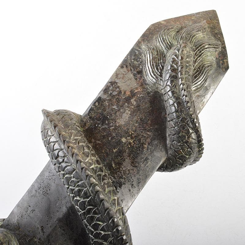 玉石彫刻　龍神　具利伽羅大龍　不動明王　約2kg　唐木台付　V　R7519