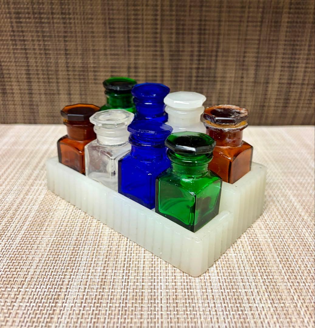 戦前 歯医者 薬瓶 ミルクガラス 薬瓶台 セット