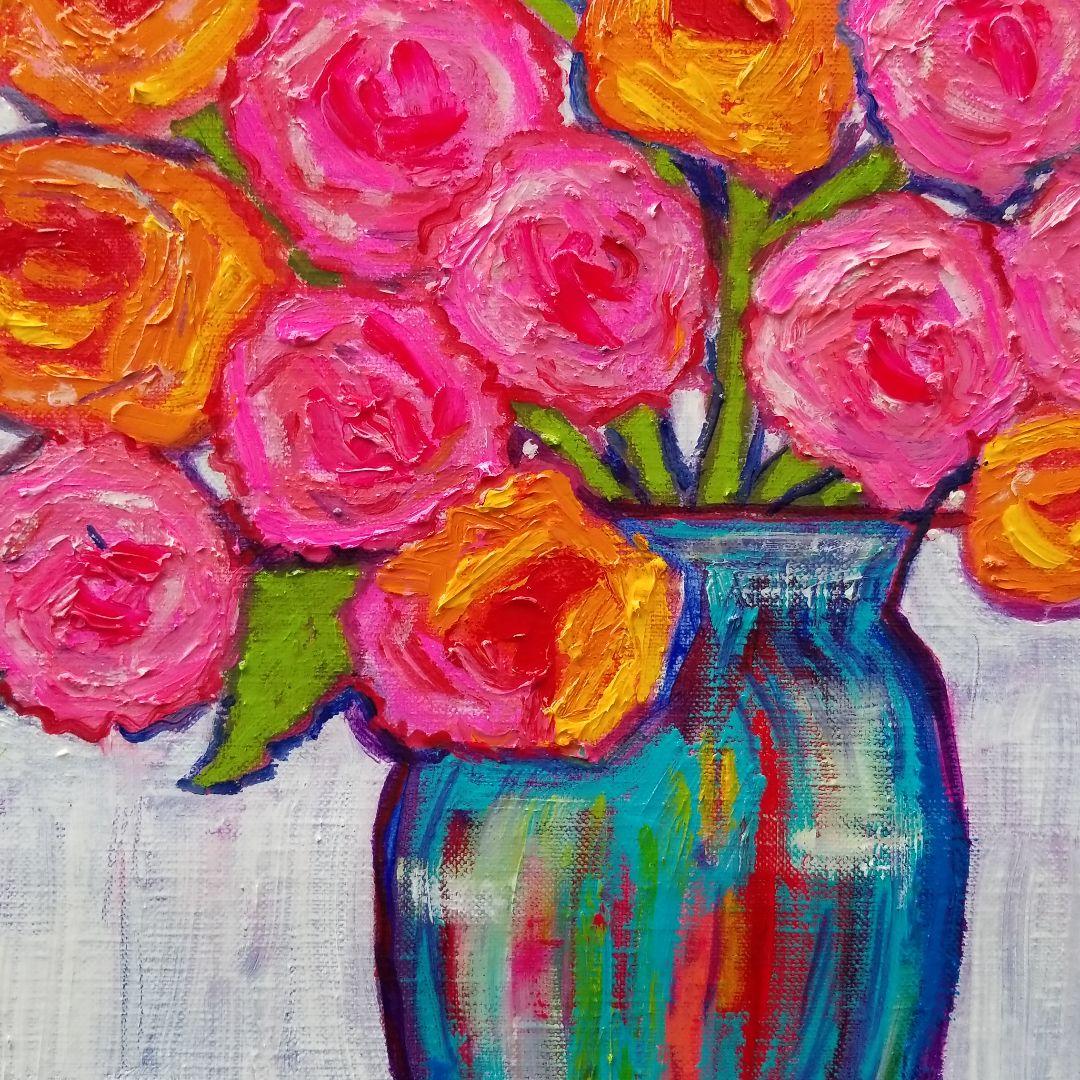 油絵　よっこ確認　ピンクとオレンジ色の花を差した花瓶