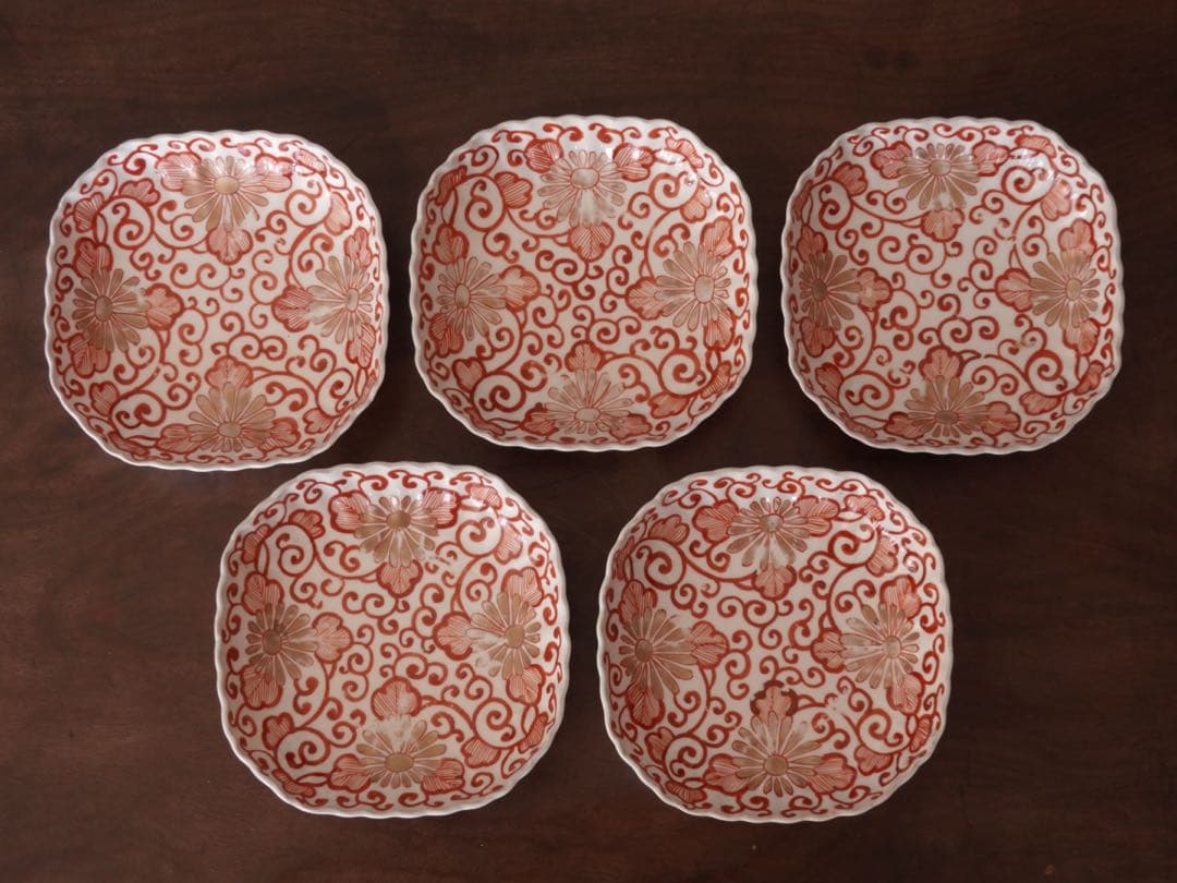 江戸後期　古伊万里　赤絵　金彩　菊　唐草文　向付　5客　膾皿　鉢　バラ売り可能