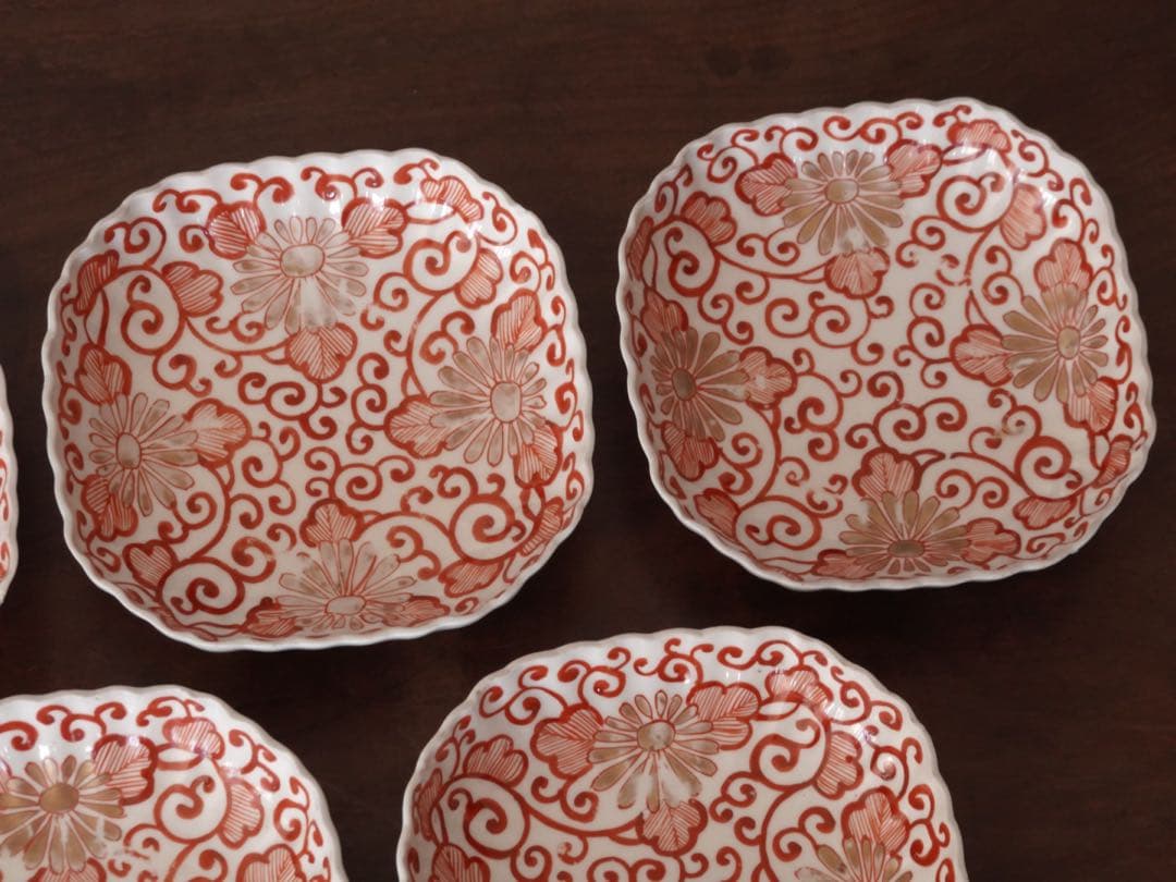 江戸後期　古伊万里　赤絵　金彩　菊　唐草文　向付　5客　膾皿　鉢　バラ売り可能