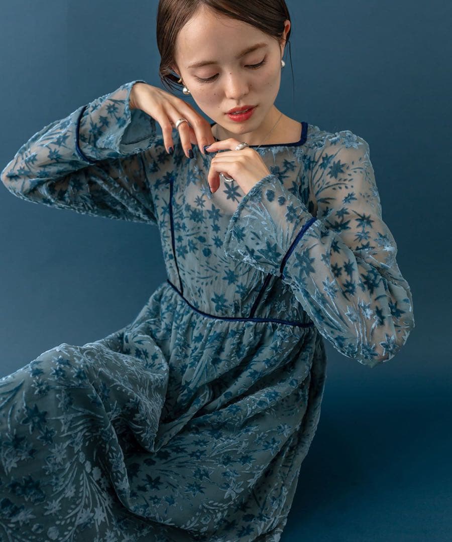 mystic ミスティック 森川企画 花柄ベロアワンピース ブルー サイズ2