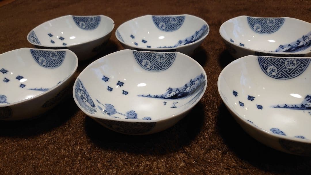 古伊万里　伊万里　染付　楕円鉢　菓子鉢　山水　蔵出し　６客