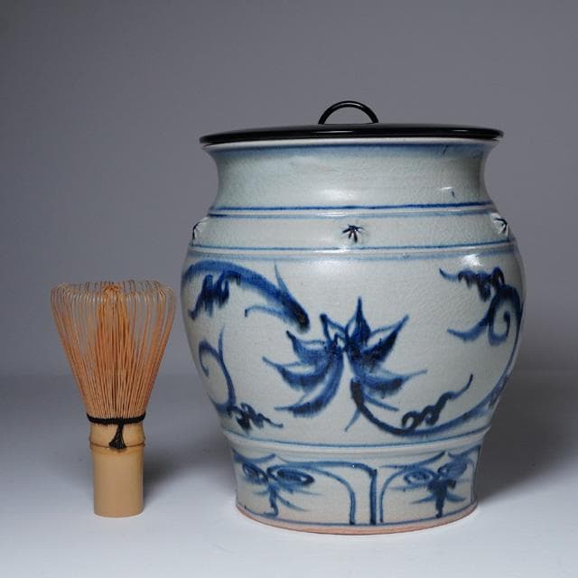 太仙窯　安南水指　共箱　塗蓋　茶道具　唐草絵　ベトナム