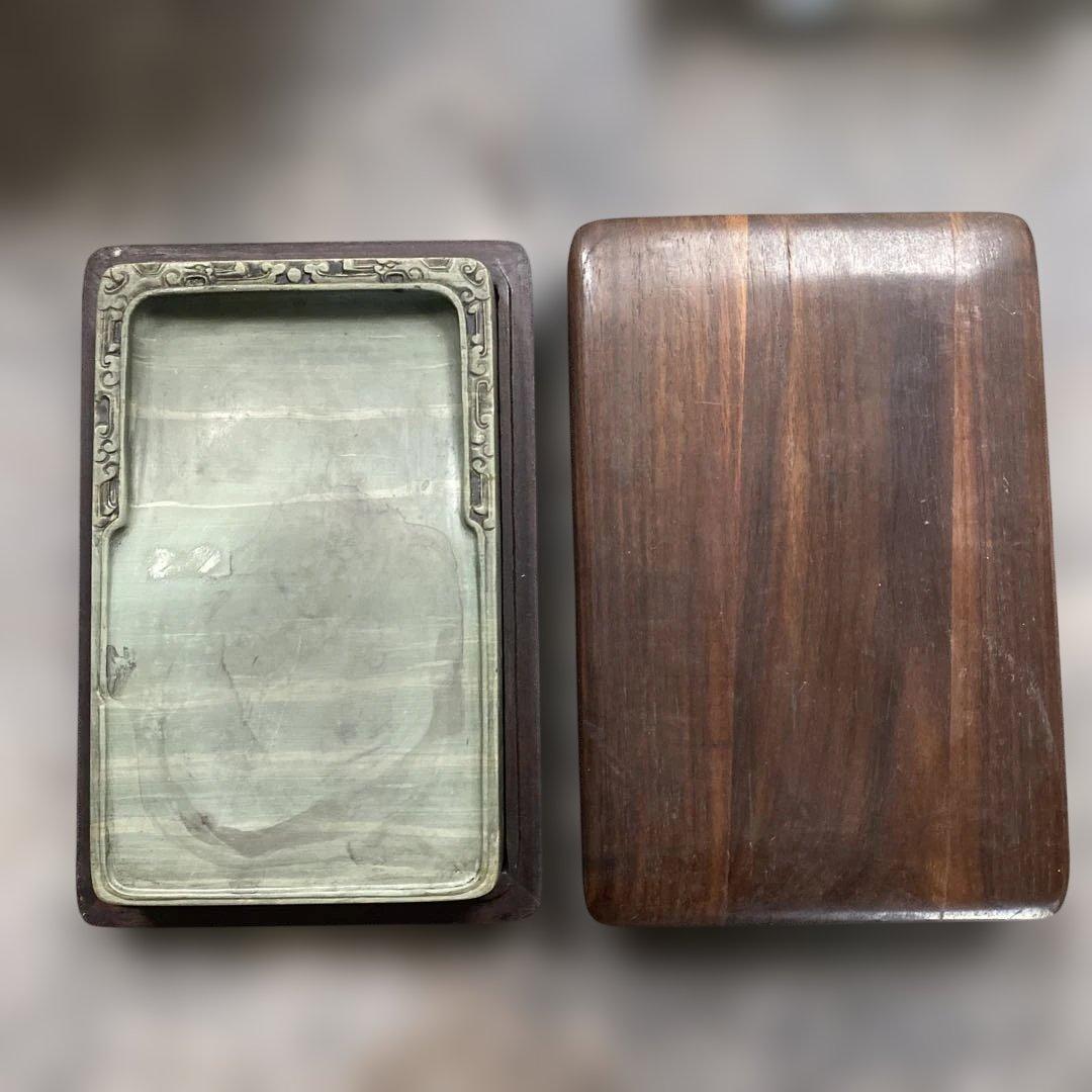 緑硯　中国硯　彫刻　古美術　唐木ケース