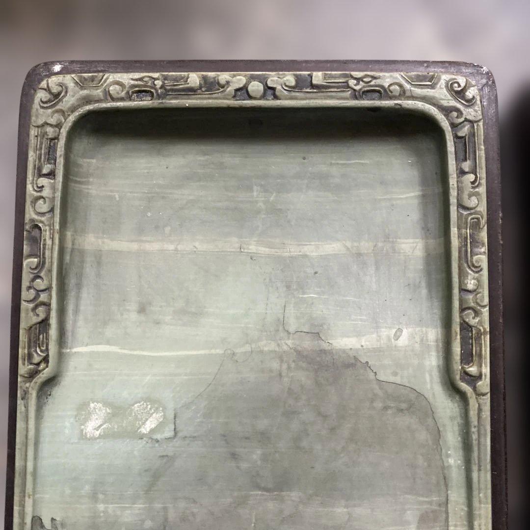 緑硯　中国硯　彫刻　古美術　唐木ケース