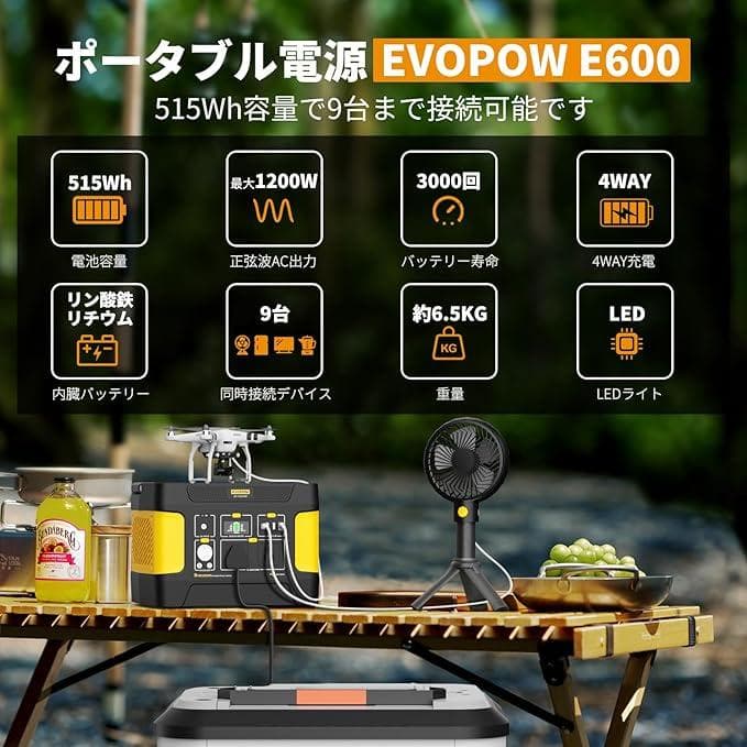 新品 Evopow ポータブル電源 リン酸鉄 大容量 515Wh 収納バッグ付