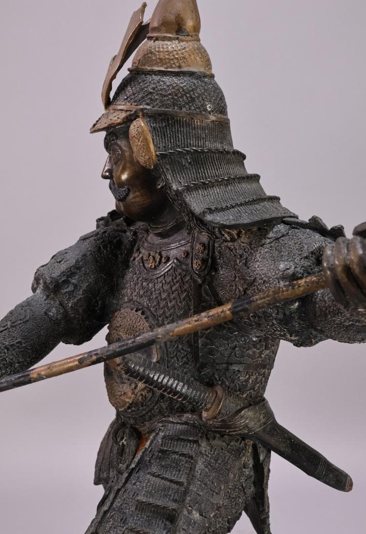 時代金工　明治期　ブロンズ像　銅製　武者　薙刀　置物　床飾　高55㎝　BK090