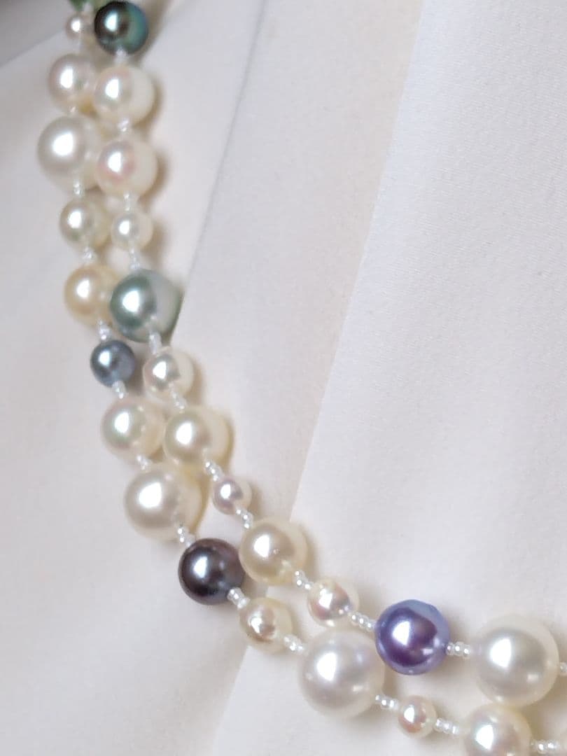 アコヤ真珠マルチカラー、マルチサイズ、あこや砂芥子パールのロングネックレス