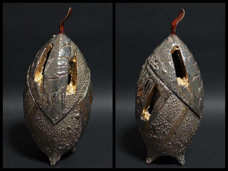 現代陶芸家 市川透造 造形香炉 金プラチナ使用 共箱 共布備前 (師/隠崎隆一)