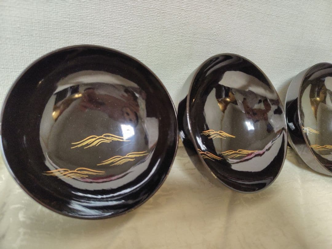 輪島塗　お椀　蒔絵富士山金波模様　吸物椀　三客　木製　当時物　時代物