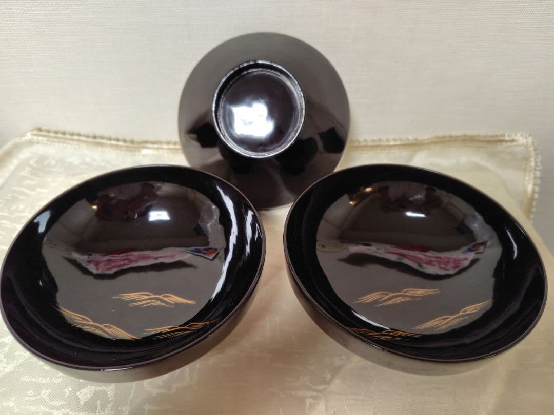 輪島塗　お椀　蒔絵富士山金波模様　吸物椀　三客　木製　当時物　時代物