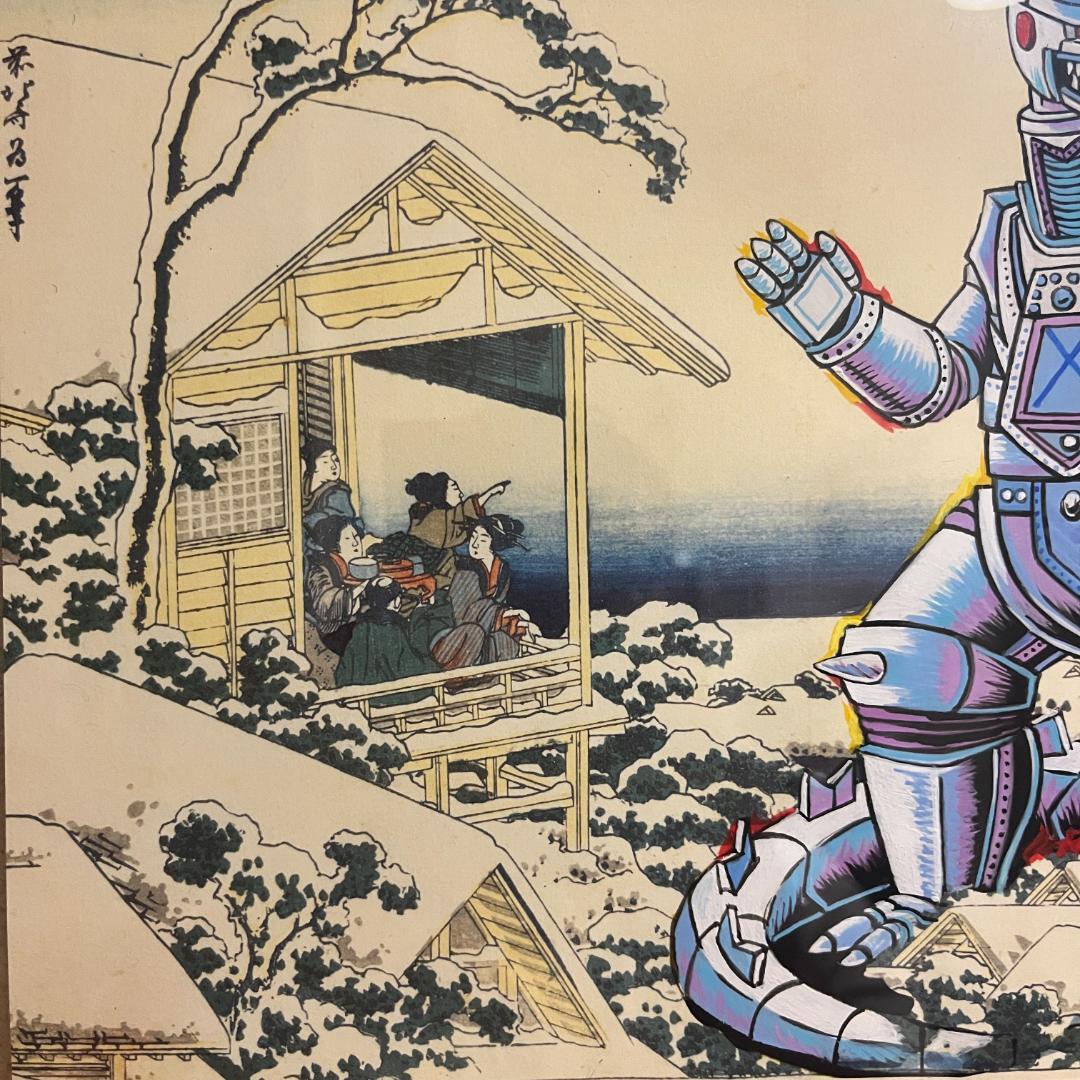 富士山を背景にしたメカゴジラのアート