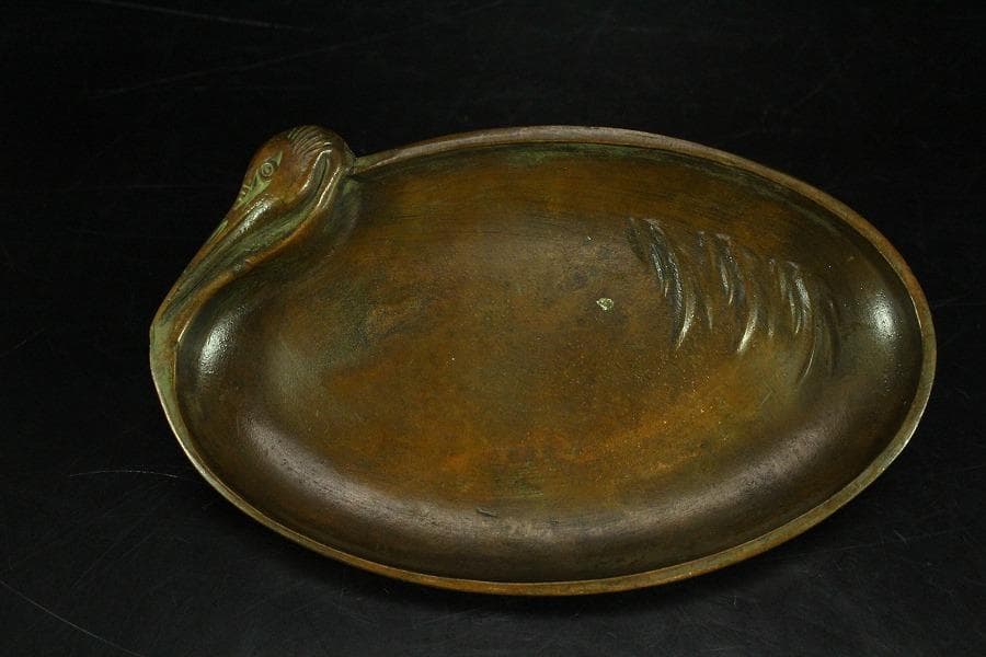 銅 鶴 楕円形 皿 11.5cmx7cm 在銘 文房四宝(K-YC355)